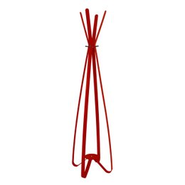 Red industrial-style standing coat rack with 8 hooks for hanging coats, jackets, and other items.
