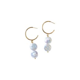  Silver double pearl hoop freshwater pearl earrings with dangling pearl accents.