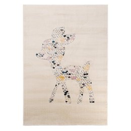 Cream-colored rug with a fawn design, available in various sizes. The rug features a soft, textured pattern that resembles a deer or fawn.