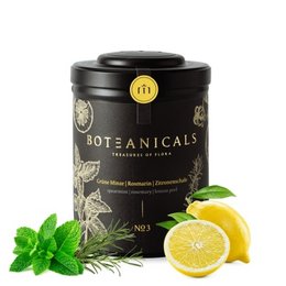 A loose leaf tea blend containing spearmint, rosemary, and lemon peel. The tea leaves have a vibrant green color with visible pieces of herbs and citrus peel.