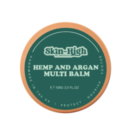 Organic cold pressed hemp and argan multi balm in a 100g container. The balm has a green and orange color scheme.