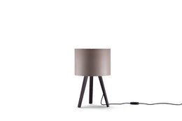 Sleek, modern desk lamp with a black tripod base and a taupe fabric shade. Provides warm, ambient lighting for a home office or study.