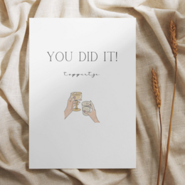 Congratulatory party card with a simple, celebratory message and an illustration of two hands holding up a trophy.