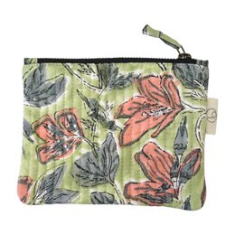  Printed cotton pouch with floral pattern in shades of teal and red. Compact size suitable for coins, cards, or small items. Durable zipper closure.