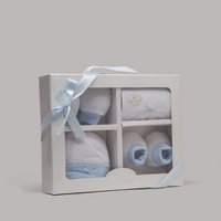 SET 4 STUKS (MUTS+HANDSCHOENEN+SLABBER+SOKKEN) VOOR NIEUWBORGEN (0-6 MAANDEN) - 100% KATOEN - MOD. BLAUW