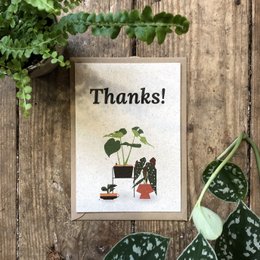 Postcard with "Thanks!" text and illustrations of potted plants, perfect for thank you cards.
