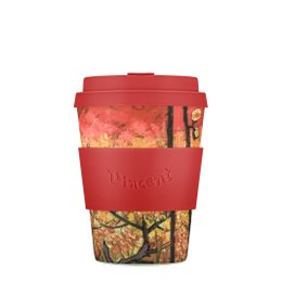A red travel cup featuring the artwork "Flowering Plum Orchard" by Van Gogh. The cup is made of bamboo and has a capacity of 350ml/12oz.