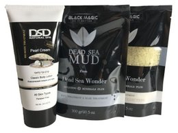 "Gift set containing 3 pieces of Dead Sea salt mineral products, including a cream and two mud packs."