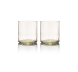  Two clear glass tumblers with olive green bases.