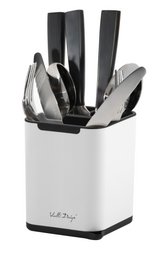  White cutlery drainer with black compartments, designed for efficient storage and organization of kitchen utensils.