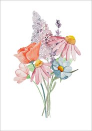  Colorful bouquet of summer flowers including daisies, lilies, and other vibrant blooms on a postcard.