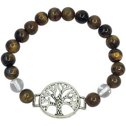 Bracelet with tiger eye, quartz, and tree of life charm. Earthy tones, natural stones, and a symbolic tree of life design make this a stylish and meaningful accessory.