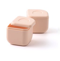  Aqua and peach colored silicone snack containers with lids. Ideal for storing and transporting healthy snacks for kids.