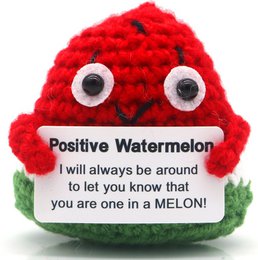  A round, plush red toy with large googly eyes and a text tag that reads "Positive Watermelon - I will always be around to let you know that you are one in a MELON!"