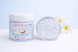  "White whipped body butter, natural shea, creamy texture, tropical scent, floral design jar"