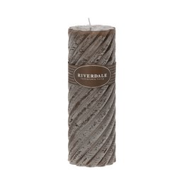  Tall, cylindrical white chocolate scented candle with a spiral pattern and Riverdale branding.