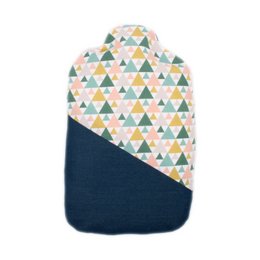 A hot water bottle with a colorful triangular pattern design and a navy blue bottom. Suitable for kids.