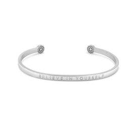 A delicate, open-ended cuff bracelet with the inspirational message "Believe in Yourself" engraved on the band. Available in silver, gold, and rose gold finishes, with a small crystal accent at each end.