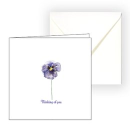 Violet condolence card with the text "Thinking of you" and a watercolor illustration of a violet flower.