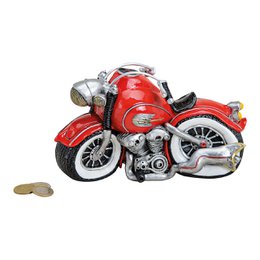  A red motorcycle-shaped money box made of poly material, measuring 21 cm wide, 10 cm deep, and 13 cm high.