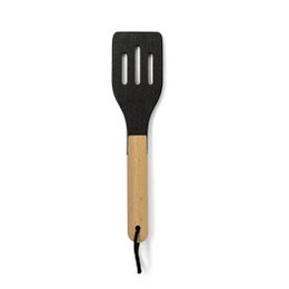  Straight black spatula for play kitchen, made of plastic and wood.