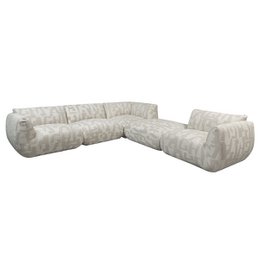  Large, modular white corner sofa with geometric pattern upholstery. Comfortable seating for multiple people. Suitable for living rooms or family spaces.