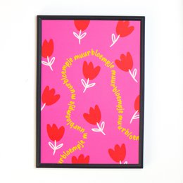 Vibrant pink poster with white and pink daisy-like flowers. Available in 3 sizes: 13x18cm, 21x30cm, 30x40cm.