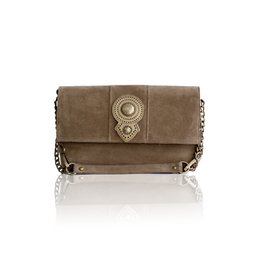 Mocca suede shoulder bag with decorative metal hardware and chain strap.