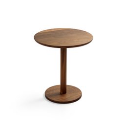 Round walnut side table with a diameter of 45 cm and a height of 50 cm.
