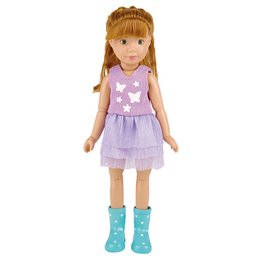 A purple polka dot purse with a green clover design, suitable for a young girl's picnic set.