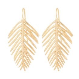 Elegant gold-tone statement earrings featuring a feather-like design with multiple layers of textured metal leaves.