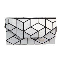 Silver geometric patterned belt bag made of silk.