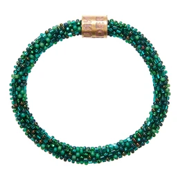 A beaded bracelet with a roll-on design, featuring a green color palette. The bracelet has a cylindrical shape and appears to be made of small, tightly-woven beads.