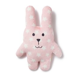 A soft, plush bunny cushion in a light pink color with a smiling face. The cushion is designed for hugging and comfort.