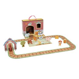  A wooden farm play mobile with a farmhouse, animals, and a road. The product is made of durable materials and is easy to use, making it suitable for young children.