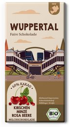 Organic chocolate bar with 60% cocoa content, featuring a rich, dark chocolate with visible cherry pieces and a hint of cherry flavor.