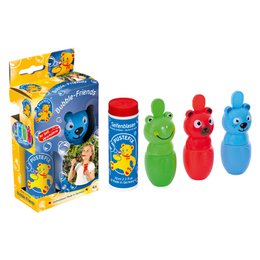 Colorful bubble-blowing toy set with whimsical character designs, including a red heart-shaped character and green and blue character shapes. The set includes a bubble solution bottle and several character-shaped bubble blowers.