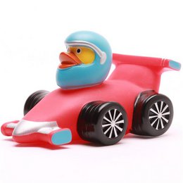  A red toy car with a blue duck-shaped driver's seat and black wheels. The car appears to be a bath toy for children.