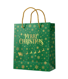  Green gift bag with "Merry Christmas" text and gold snowflake pattern. Suitable for holding and transporting Christmas gifts.
