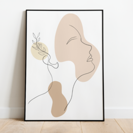 Minimalist poster featuring a woman's face in neutral tones with a delicate floral element. Suitable for home decor or office spaces.