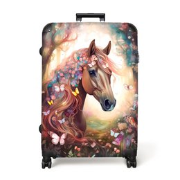  A large, lightweight suitcase with a colorful, whimsical design featuring a majestic horse surrounded by flowers and butterflies. The suitcase is available in multiple sizes and is perfect for travel.