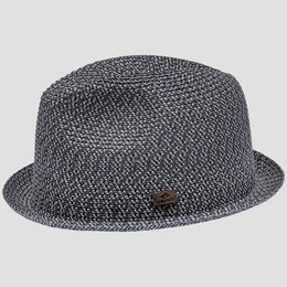  A round, pork pie style hat made of a brown and navy melange knit fabric, available in sizes S-M and L-XL.