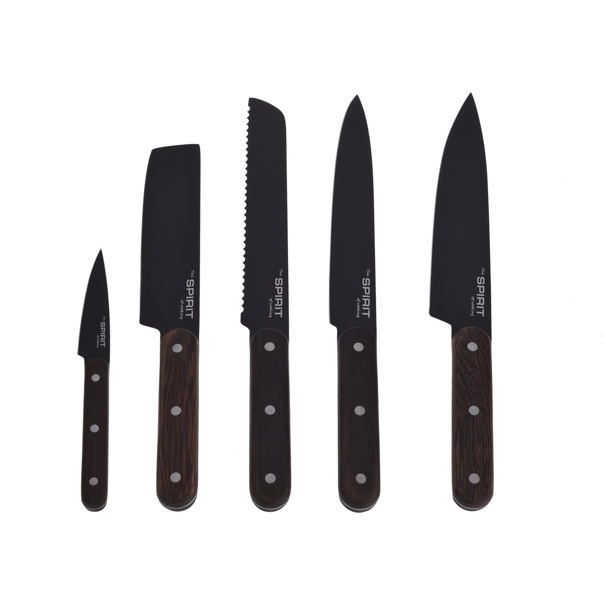 SOSL, Set de 5 Pièces, Ensemble Couteaux de Cuisine, Set Acier Inoxydable, Titane, avec Bloc en Bois d'Acacia, Couteaux de Chef, Pain, Écumoire,Viande, Poisson, Lame Noire
