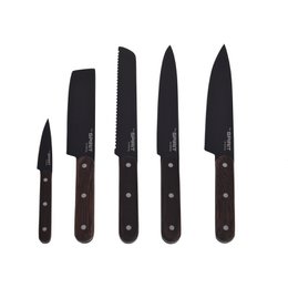 SOSL, Set de 5 Pièces, Ensemble Couteaux de Cuisine, Set Acier Inoxydable, Titane, avec Bloc en Bois d'Acacia, Couteaux de Chef, Pain, Écumoire,Viande, Poisson, Lame Noire