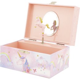 A pink musical box with a unicorn design, featuring a rotating unicorn figure and playing music. The box has a mirror inside and measures approximately 15 cm x 10 cm.