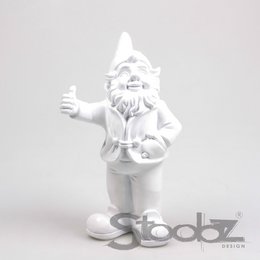  White ceramic gnome figurine with pointed hat, beard, thumbs up gesture, decorative garden statue