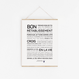 A poster with the text "BON RETABLISSEMENT" in large letters, along with additional French text describing the establishment. The poster has a simple, minimalist design with a white background and black text.