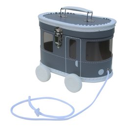 Gray oval-shaped kids' basket with wheels and a handle. Made of durable material, suitable for storing toys or other items.