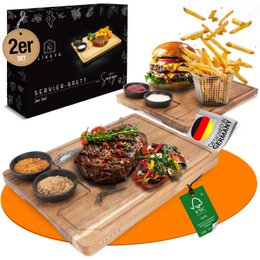  Large serving board made of FSC-certified acacia wood with 2 sauce bowls. Includes a grilled steak, fries, and a burger on a wooden board.