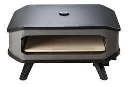  A black, rectangular gas pizza oven with a thermometer and pizza stone, suitable for outdoor barbecue use.